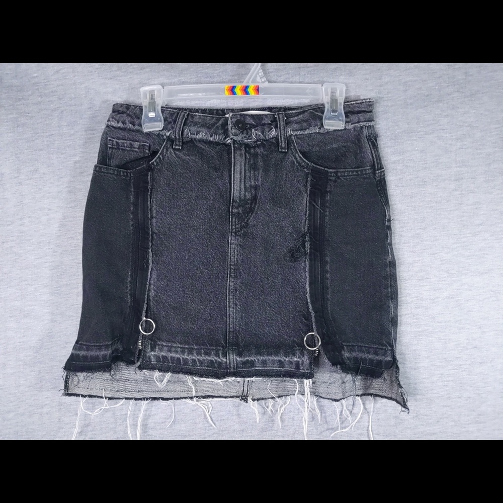 Zara Distressed Raw Hem Denim Mini Skirt with Double Front Zip Detail